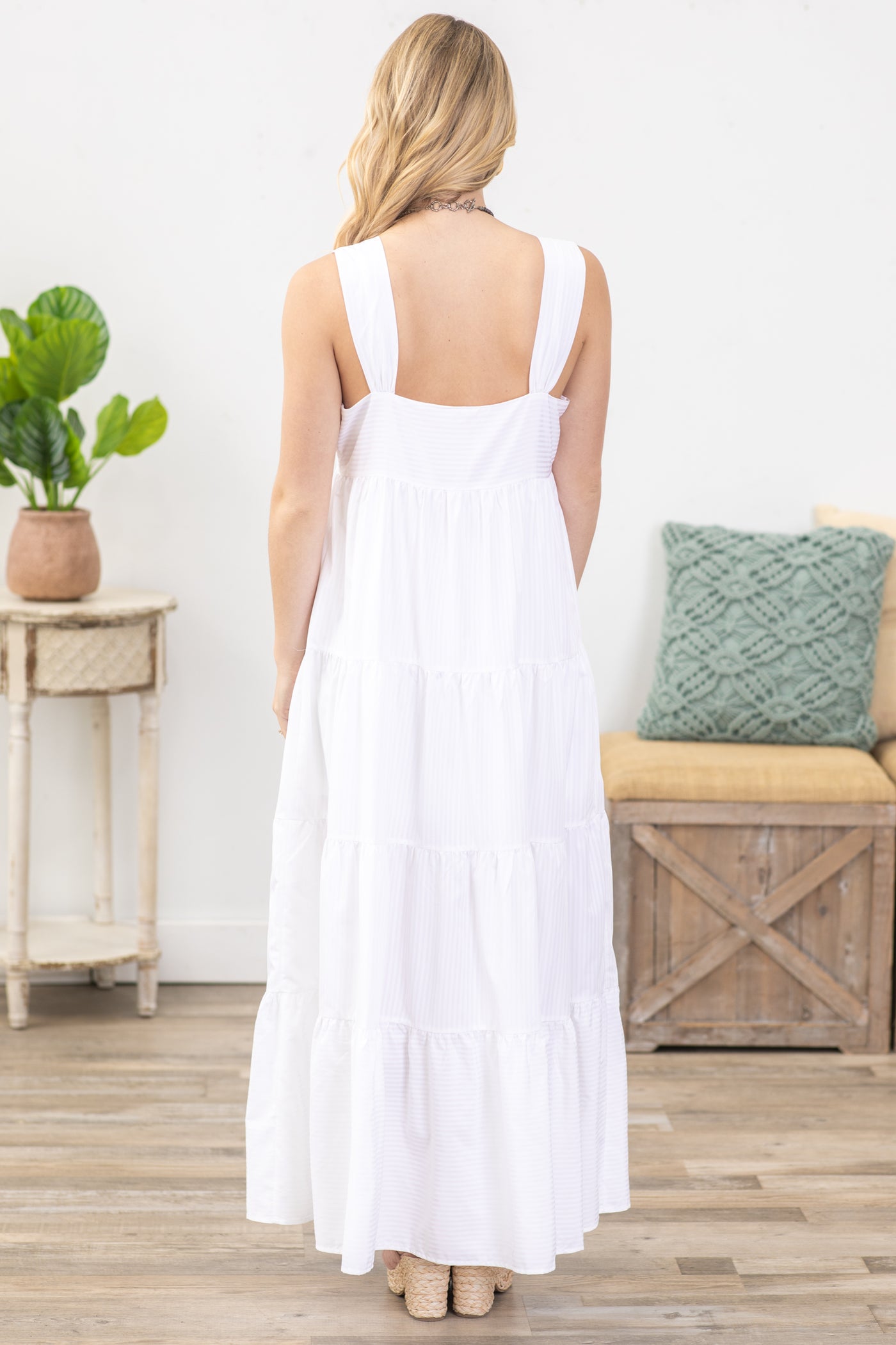 Off White Lined Tiered Maxi Dress