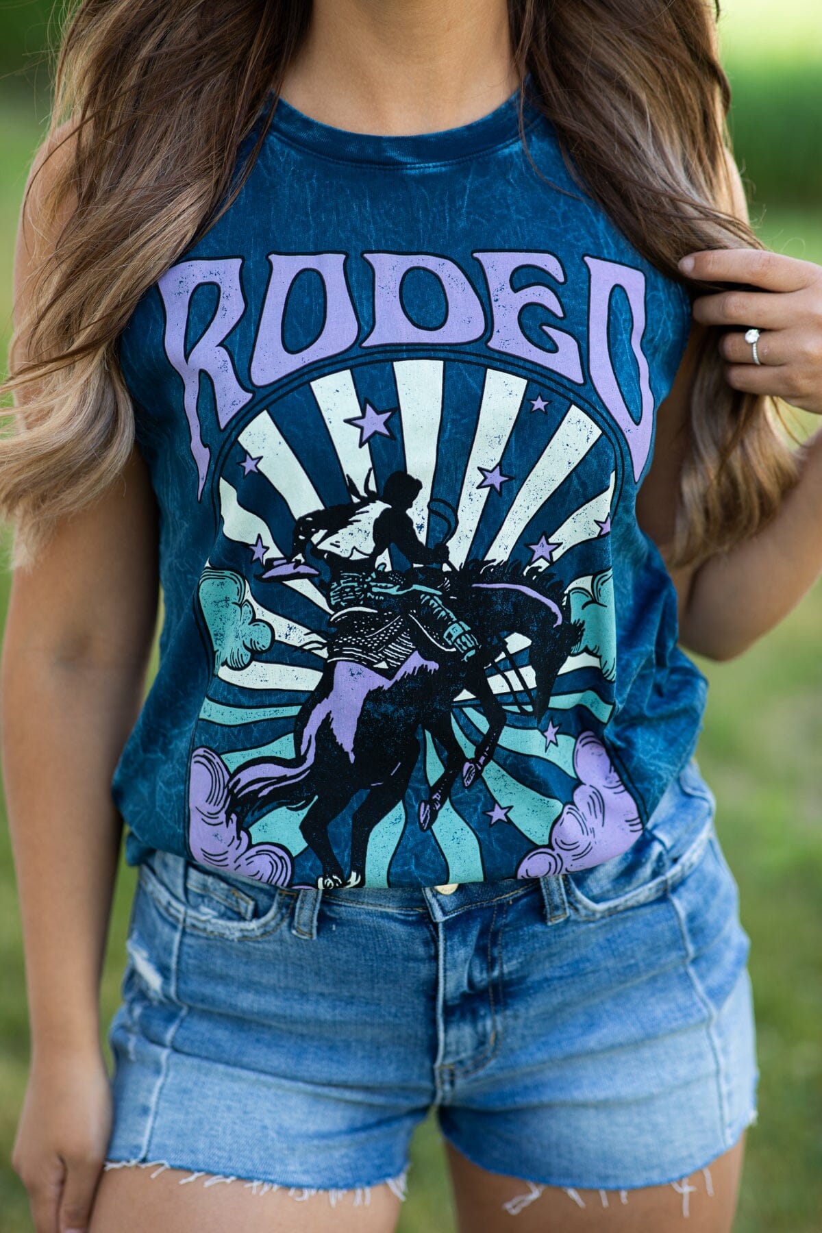 Slate Blue Washed Rodeo Wild West Graphic Tank - Filly Flair