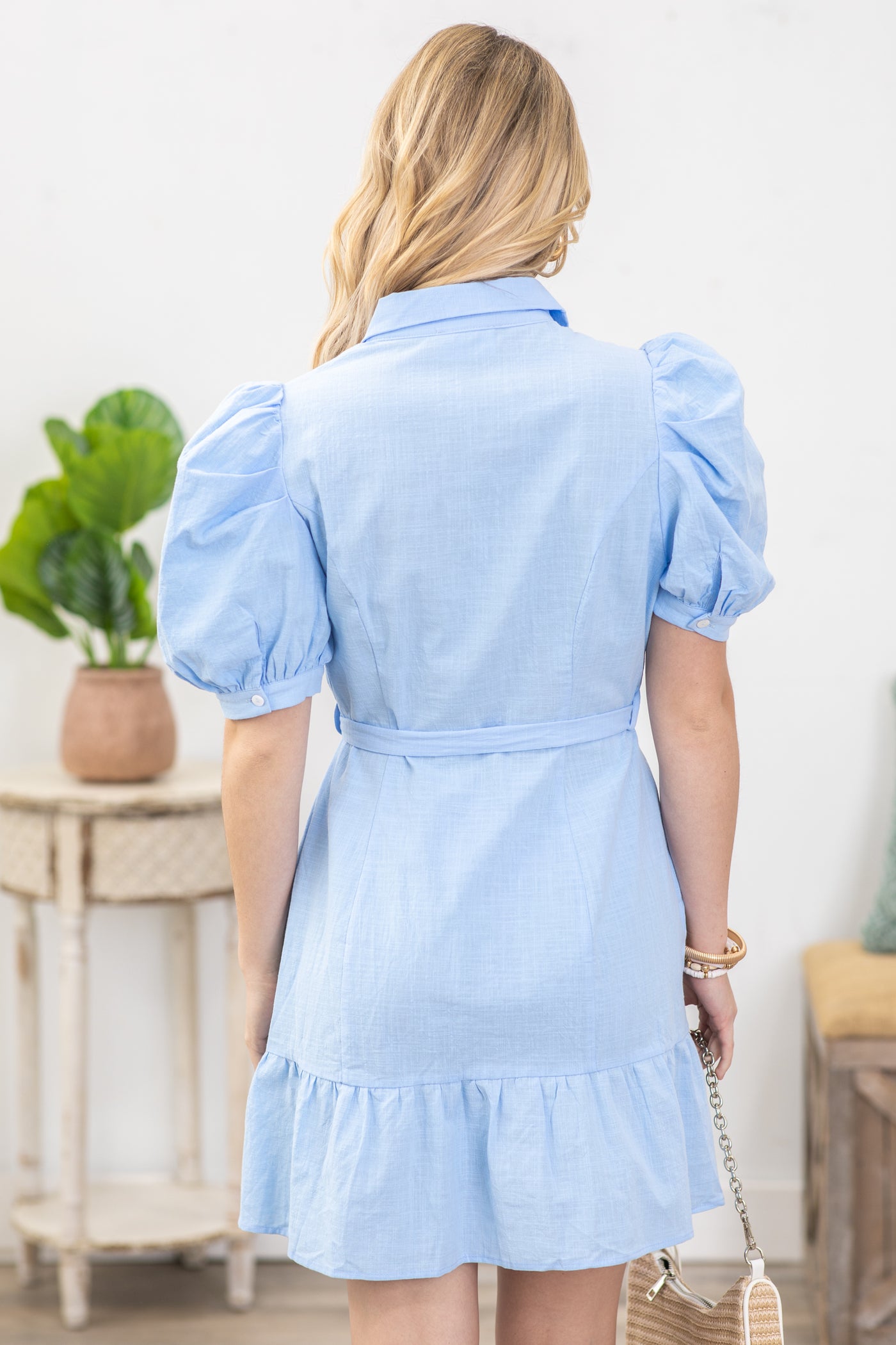 Baby Blue Puff Sleeve Button Up Dress