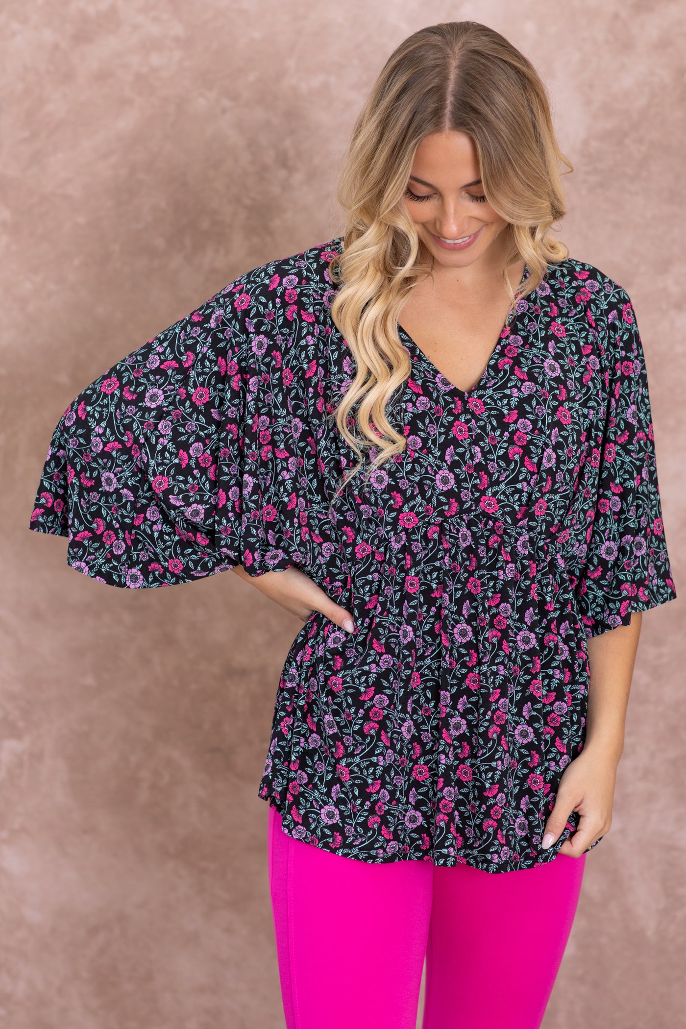 Black Floral V-Neck Wrinkle Free Knit Top