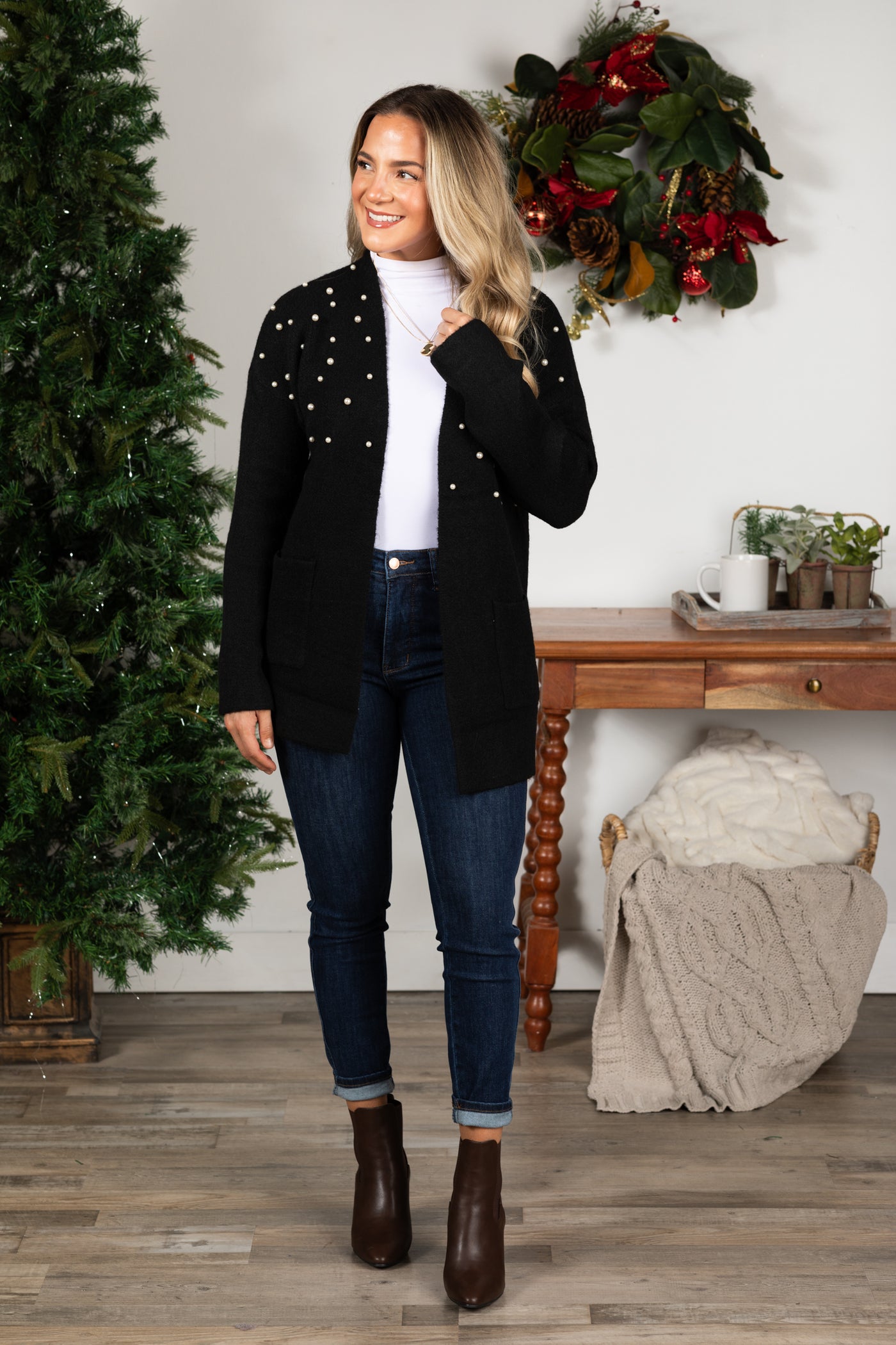 Black Cardigan With Pearl Detail