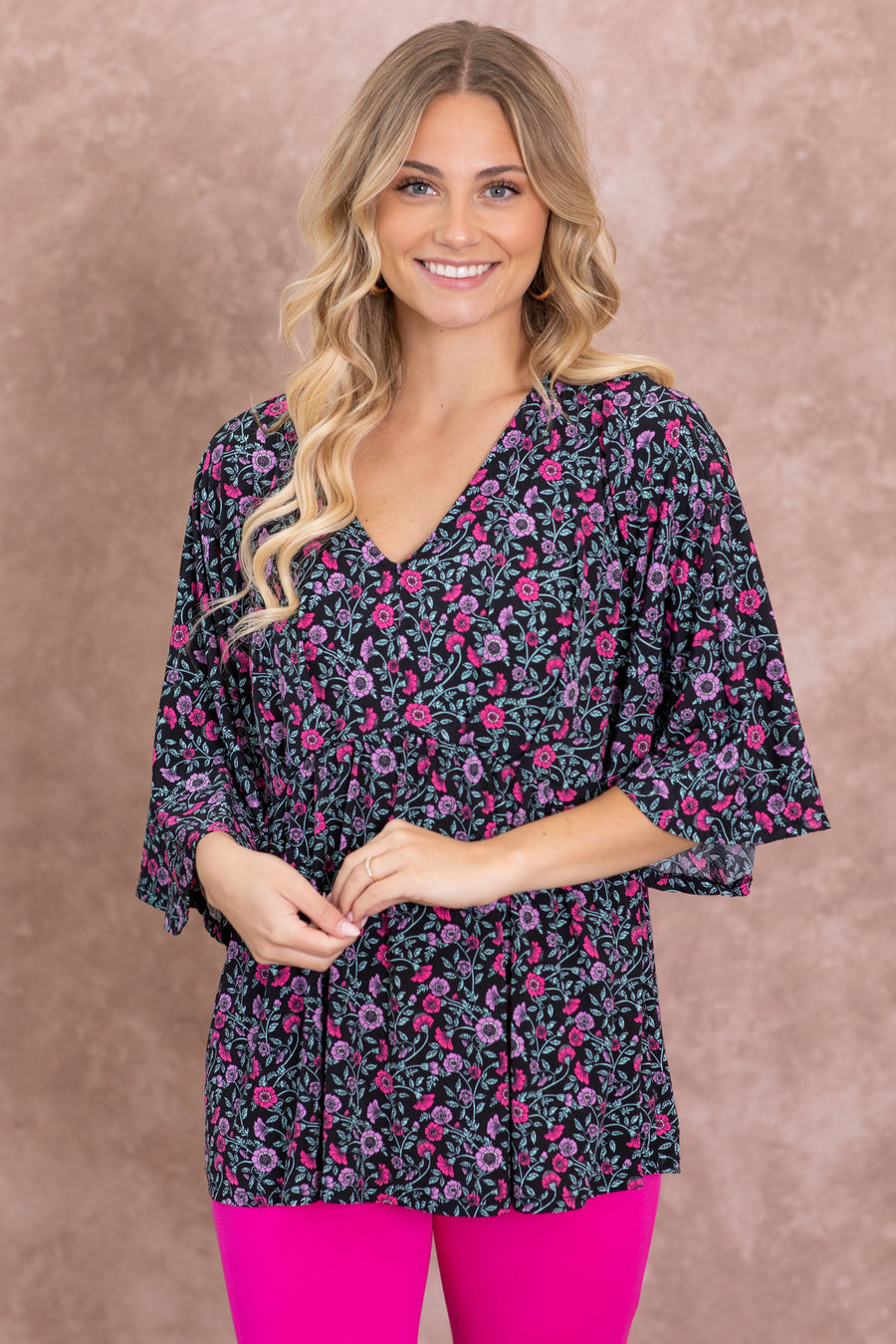 Black Floral V-Neck Wrinkle Free Knit Top