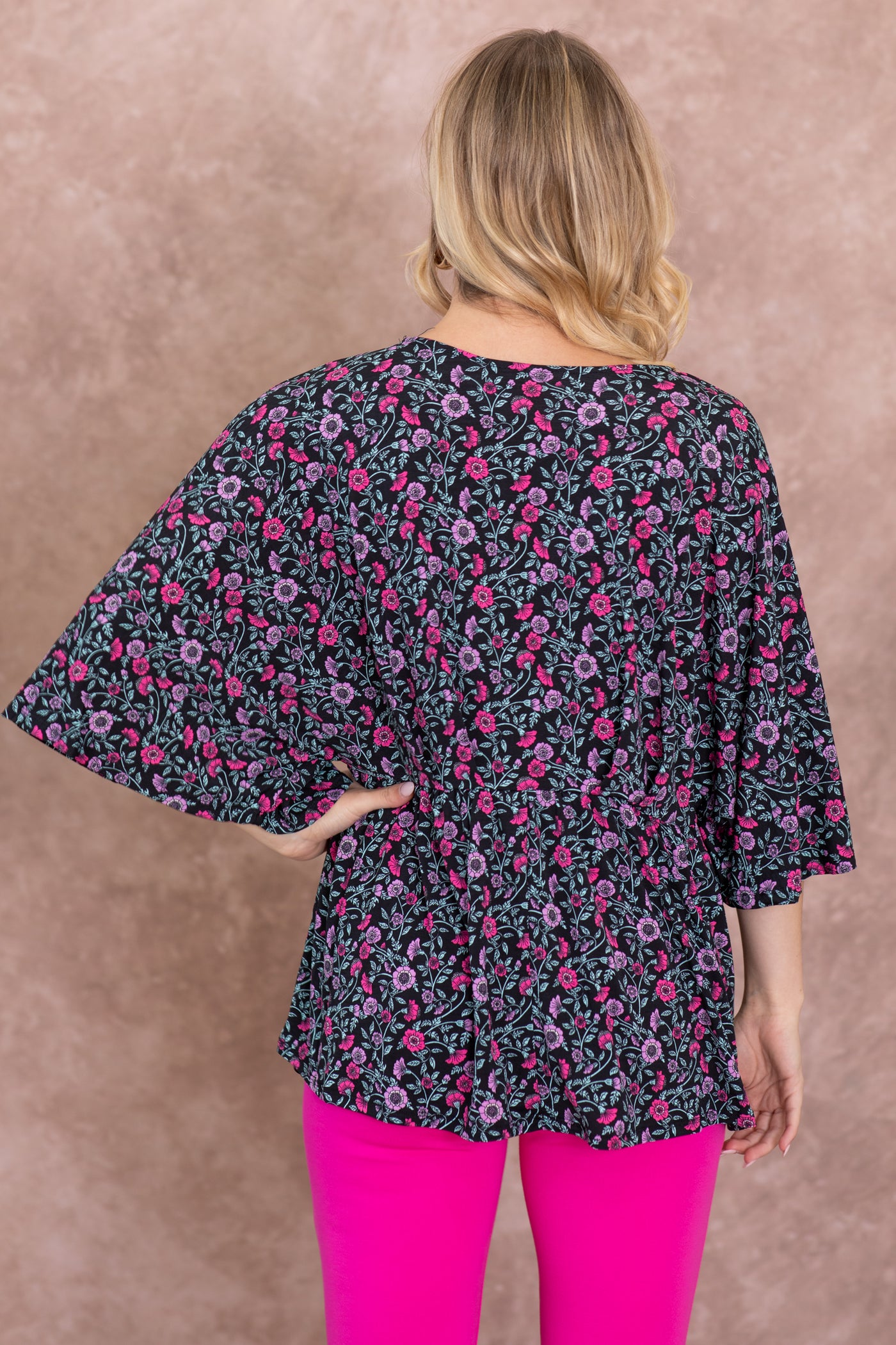 Black Floral V-Neck Wrinkle Free Knit Top