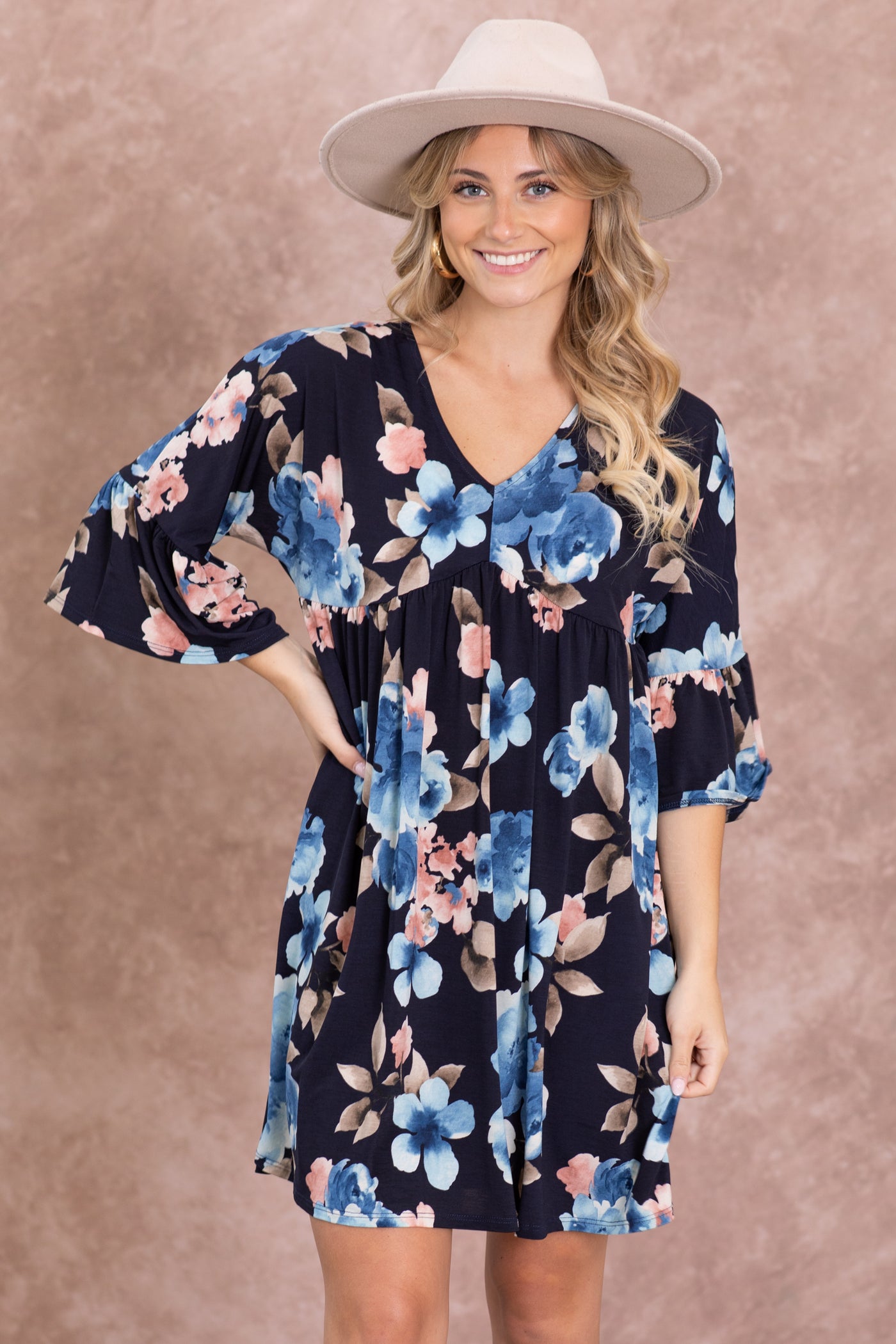 Navy Floral Wrinkle Free Dress