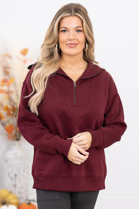 Burgundy Super Soft Mock Neck 1/4 Zip Pullover