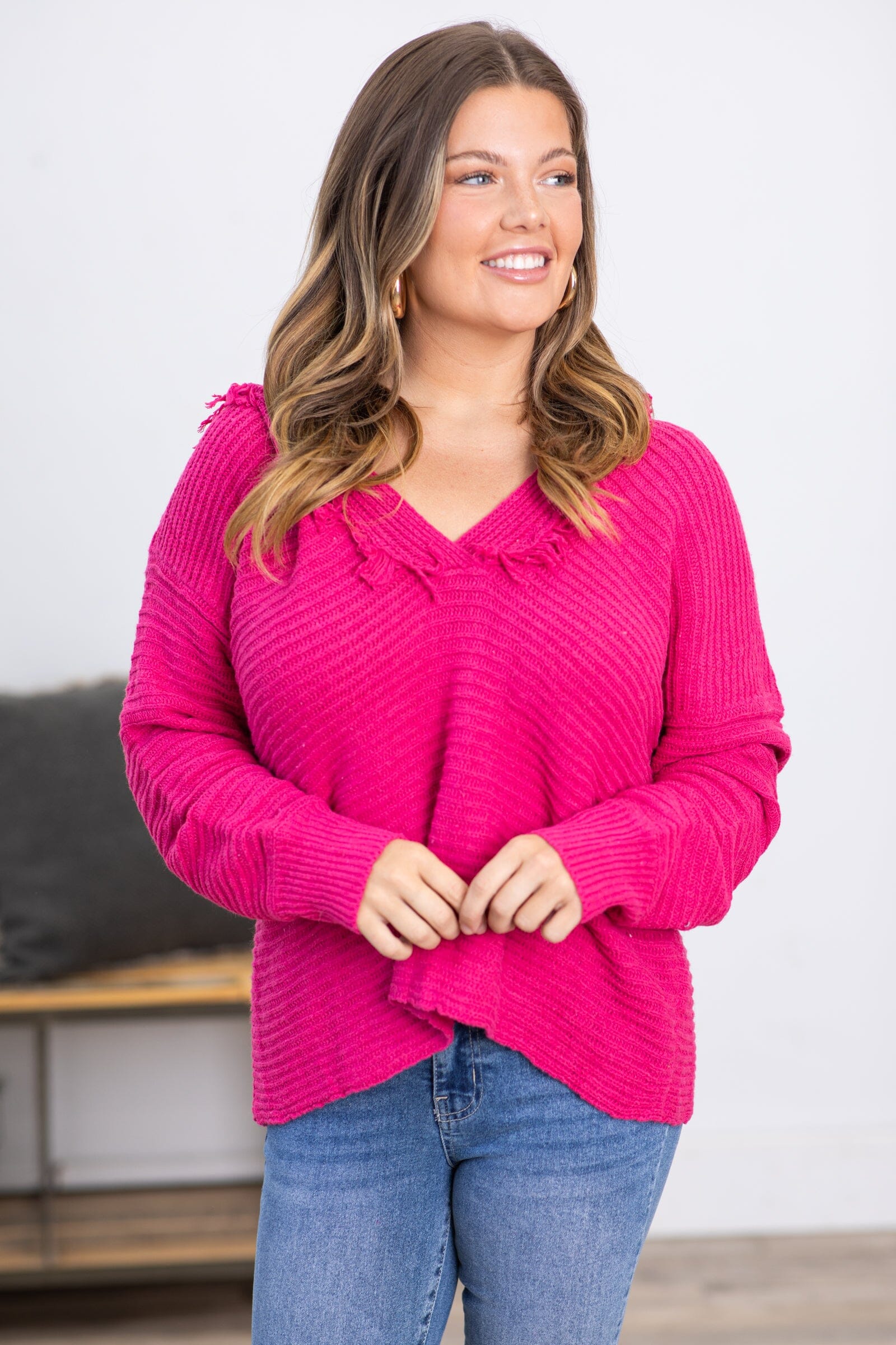 Hot pink hot sale fringe sweater