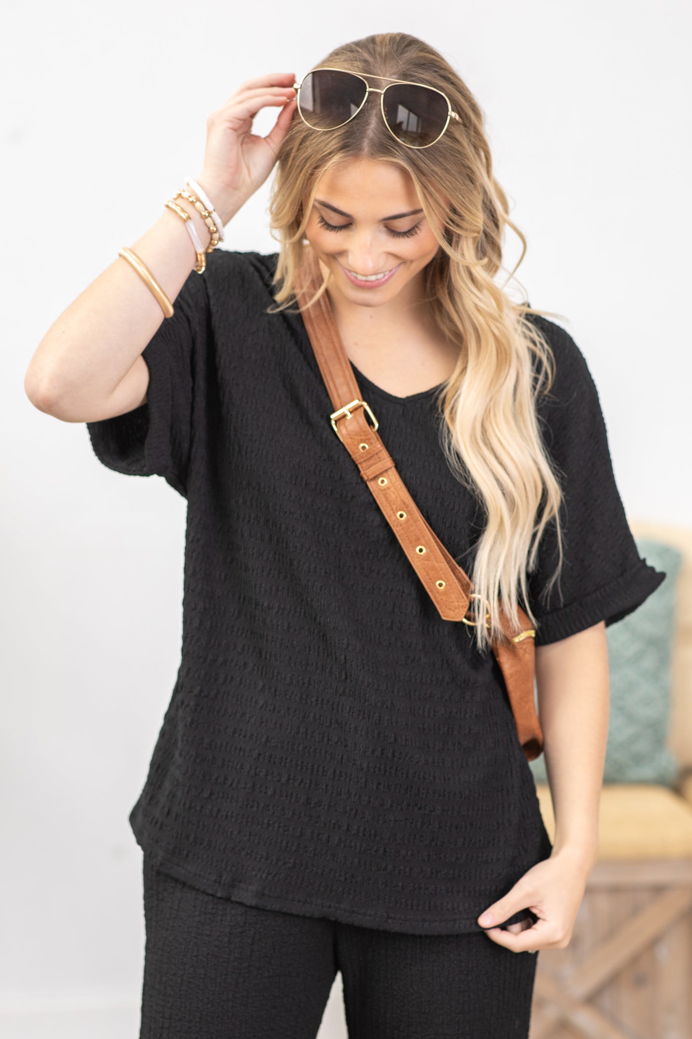 Black Textured Rolled Sleeve Knit Top