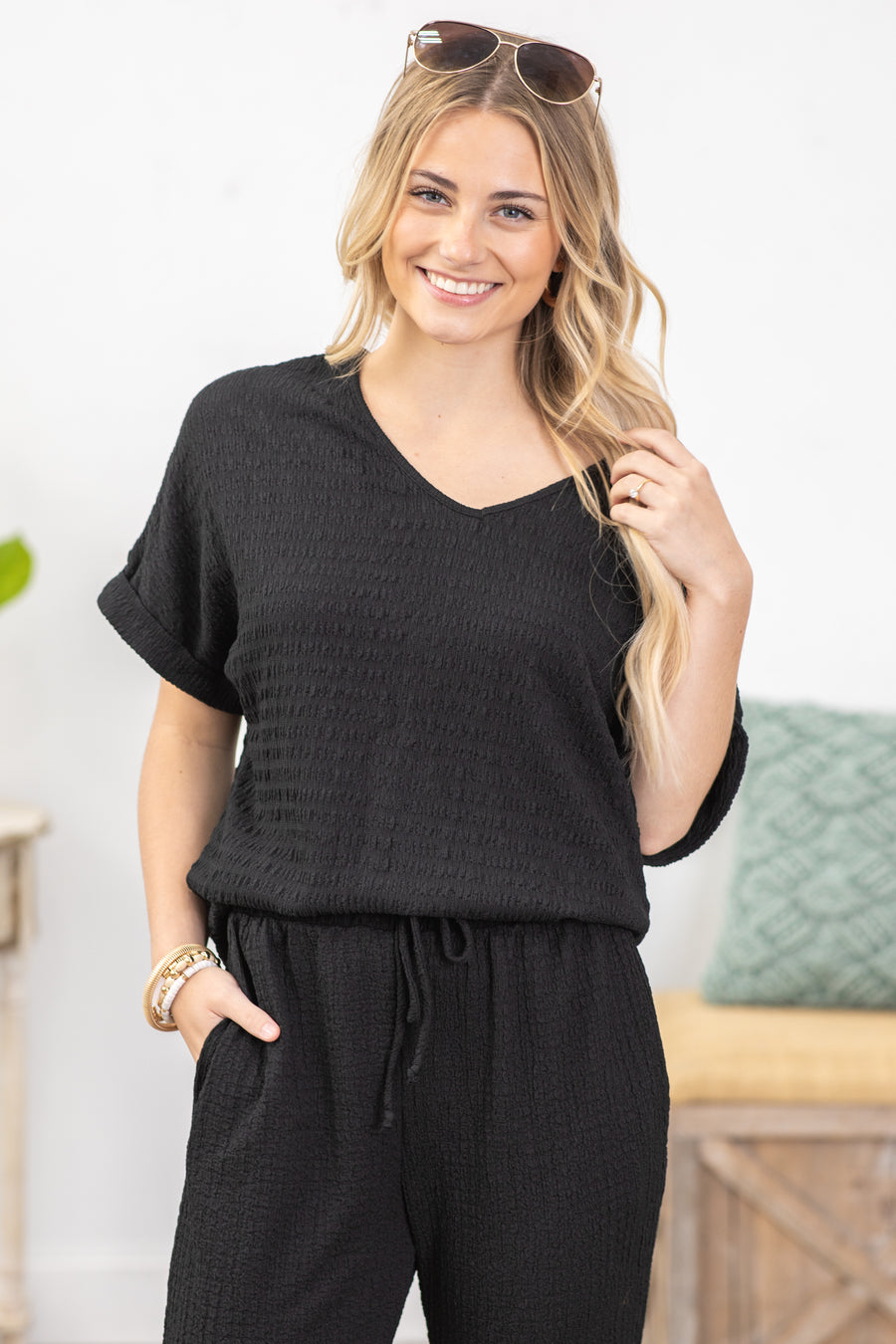 Black Textured Rolled Sleeve Knit Top
