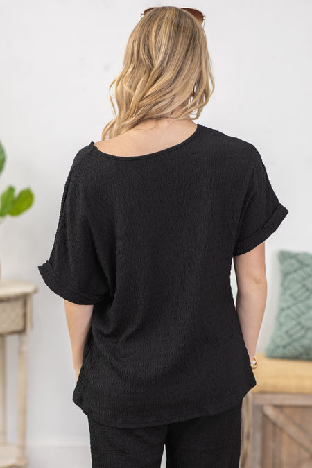 Black Textured Rolled Sleeve Knit Top