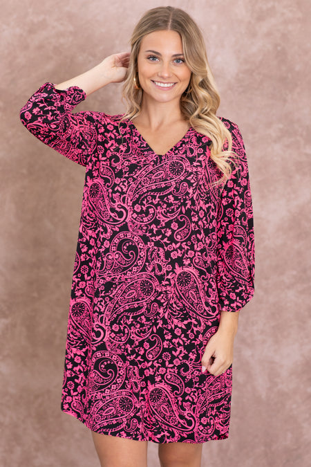 Black And Neon Pink Wrinkle Free Dress