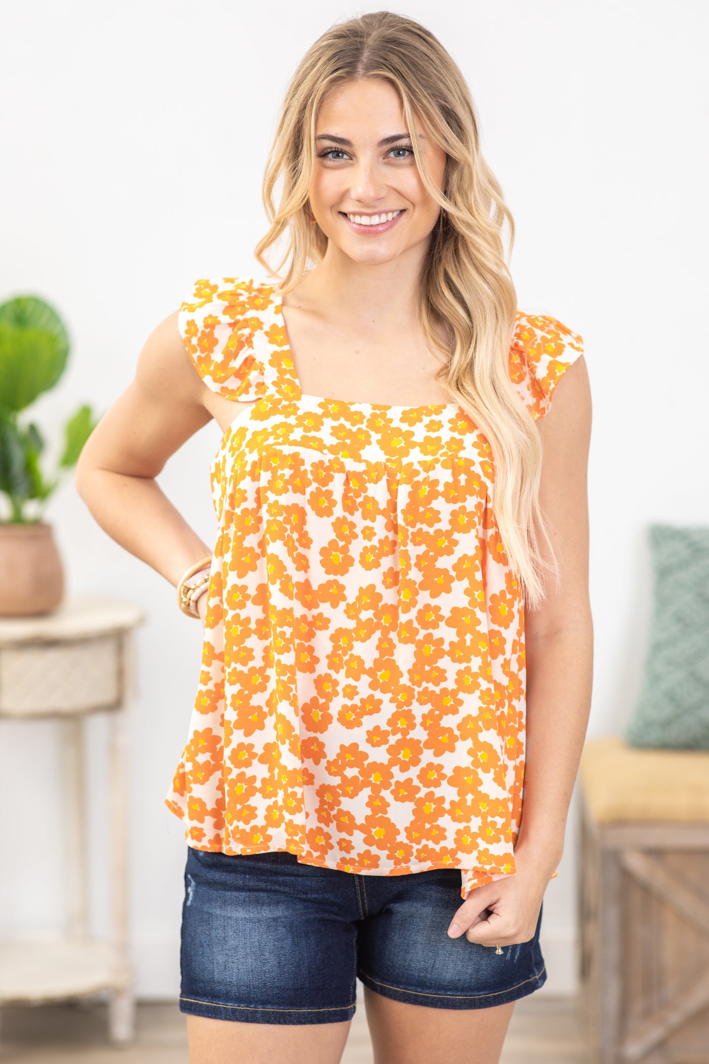 Orange Floral Square Neckline Woven Top