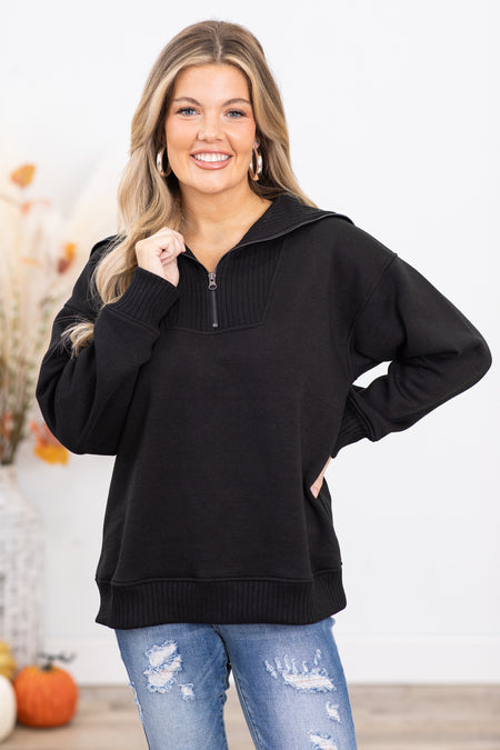 Black Super Soft Mock Neck 1/4 Zip Pullover