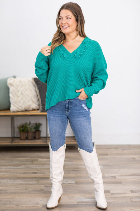 Dark Mint Hooded Sweater With Fringe - Filly Flair