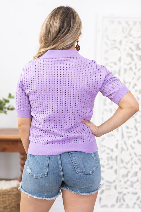 Lavender Pointelle Button Up Collared Knit Top