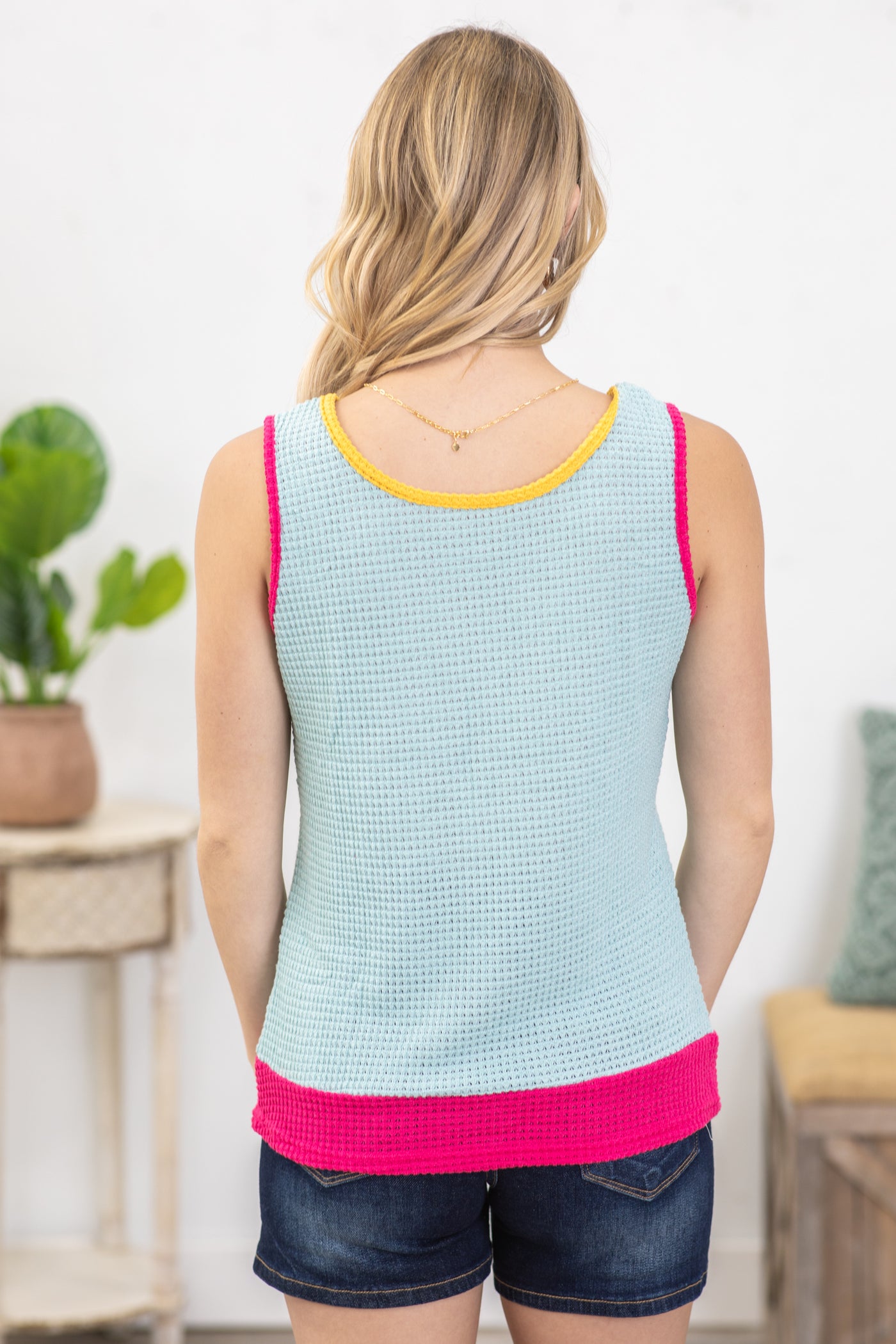 Light Blue And Hot Pink Waffle Knit Top