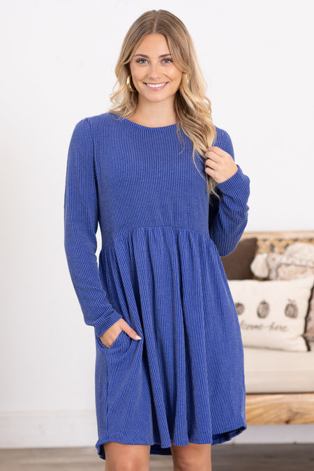 Solid Ribbed Long Sleeve Dress With Pockets