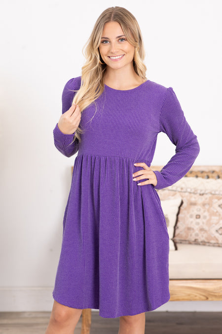 Solid Ribbed Long Sleeve Dress With Pockets