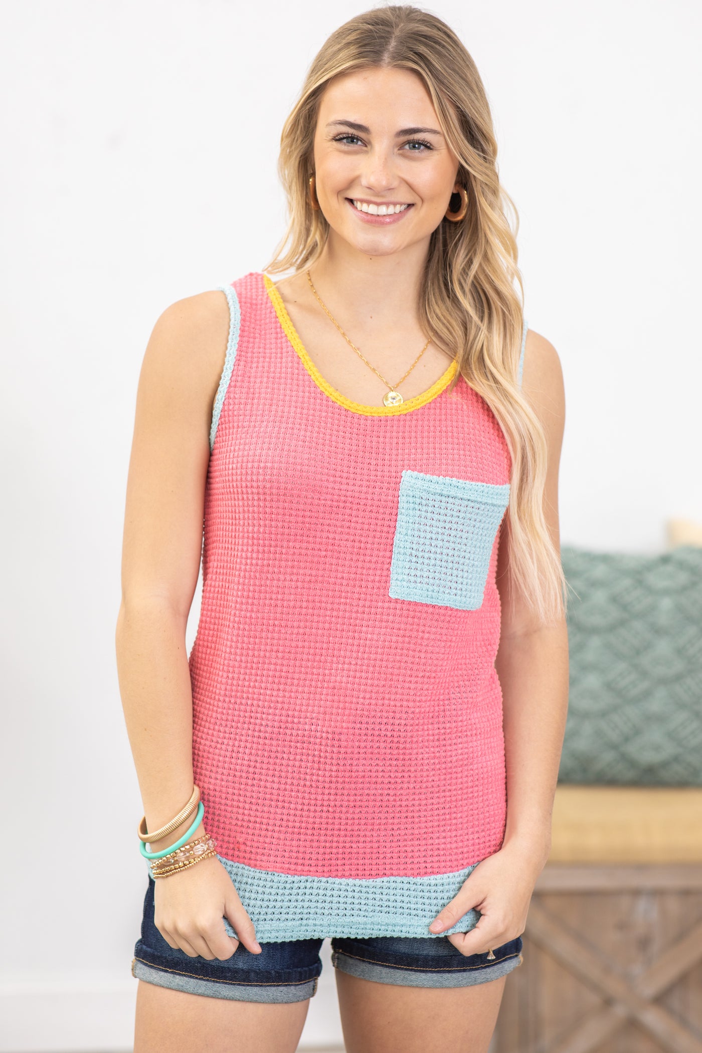 Pink Colorblock Waffle Knit Top