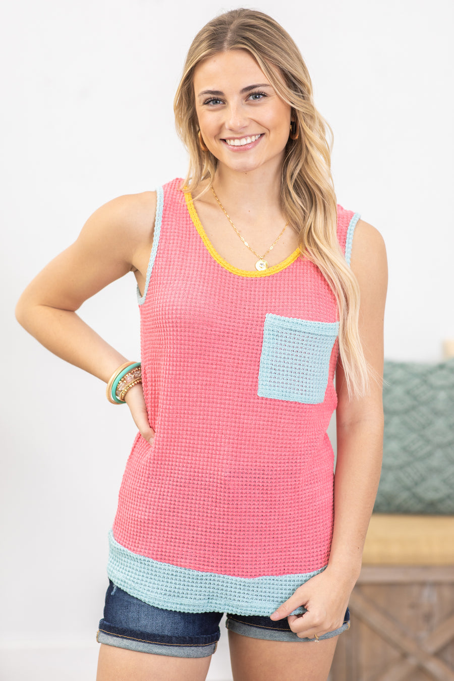 Pink Colorblock Waffle Knit Top