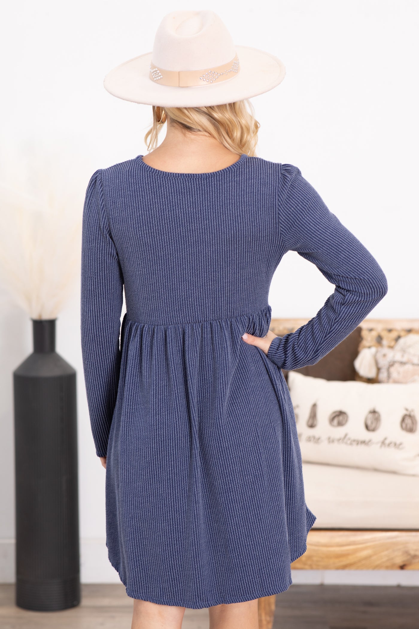 Solid Ribbed Long Sleeve Dress With Pockets