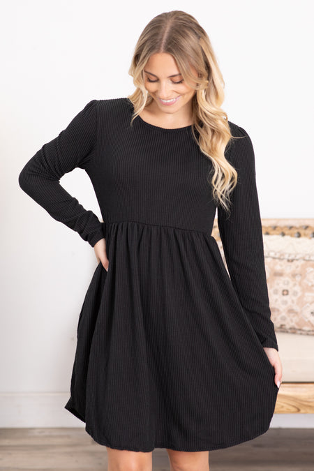 Solid Ribbed Long Sleeve Dress With Pockets