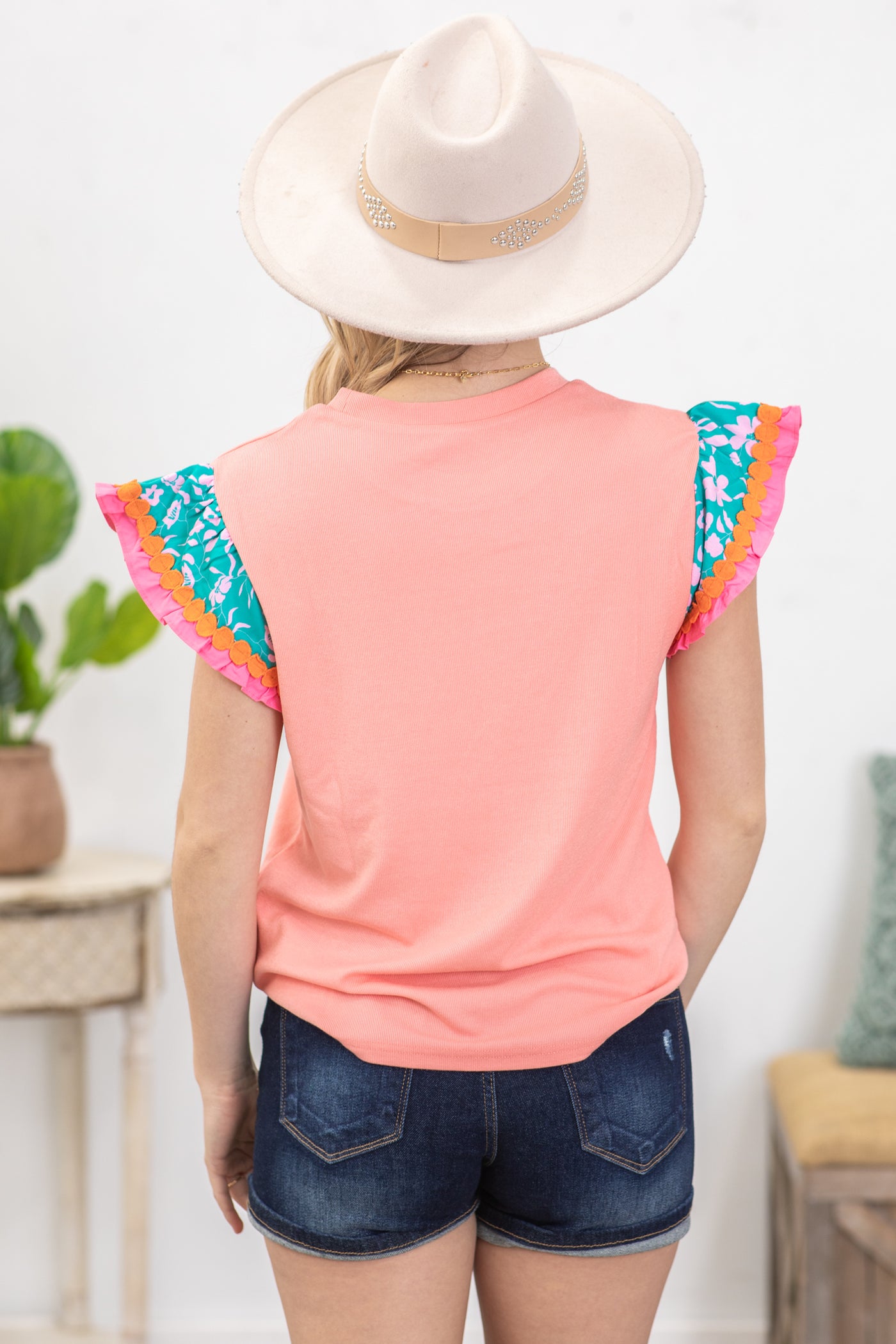 Coral Bloom Contrast Floral Sleeve Woven Top