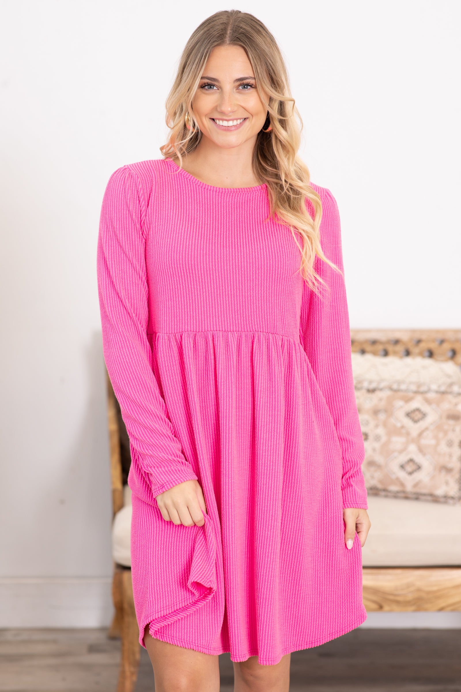 Solid Ribbed Long Sleeve Dress With Pockets Filly Flair