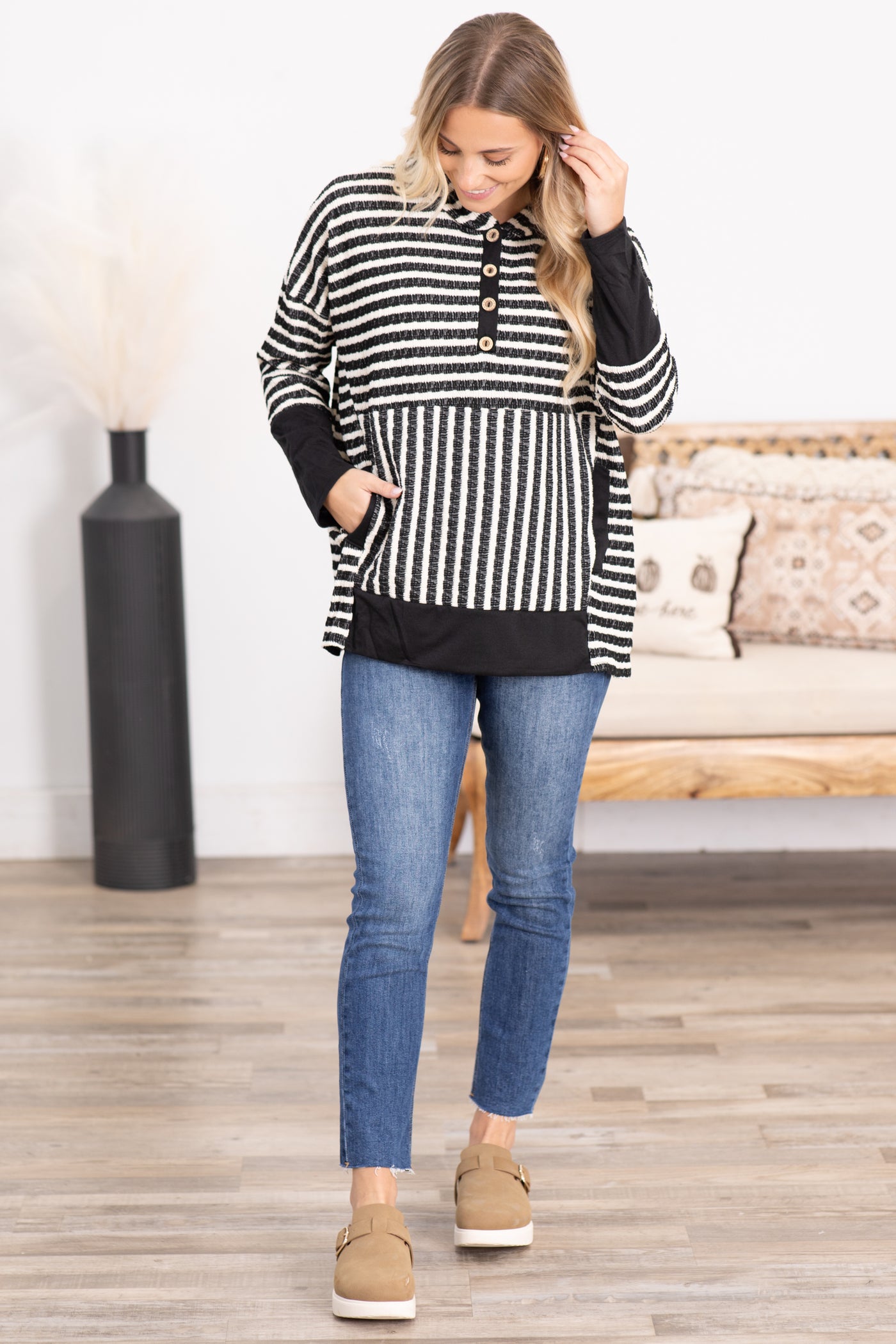 Stripe Long Sleeve Contrast Hoodie Knit Top