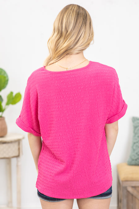 Hot Pink Textured Rolled Sleeve Knit Top