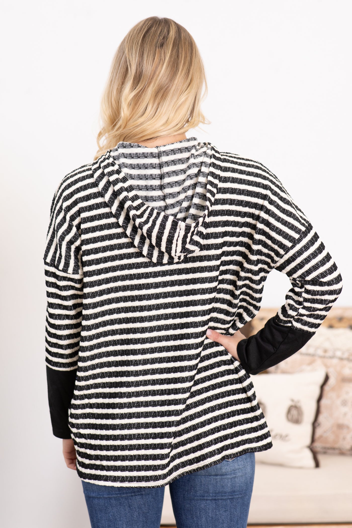 Stripe Long Sleeve Contrast Hoodie Knit Top