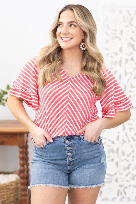 Dark Coral Stripe Knit Top With Ruffle Sleeves