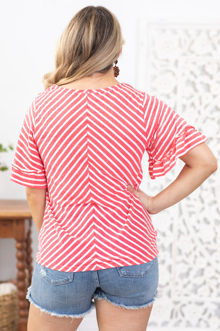 Dark Coral Stripe Knit Top With Ruffle Sleeves