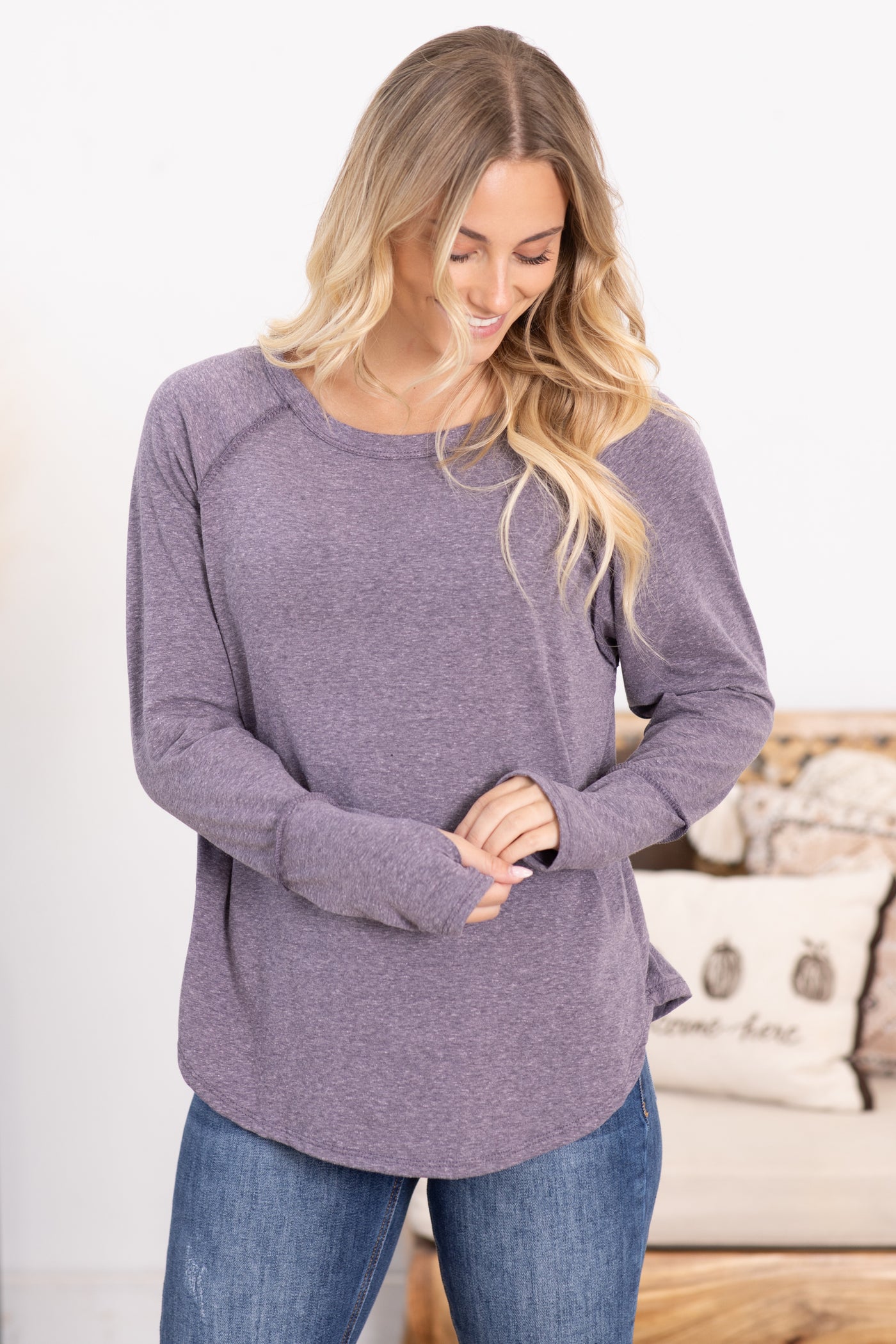 Solid Long Sleeve Knit Top With Thumbholes