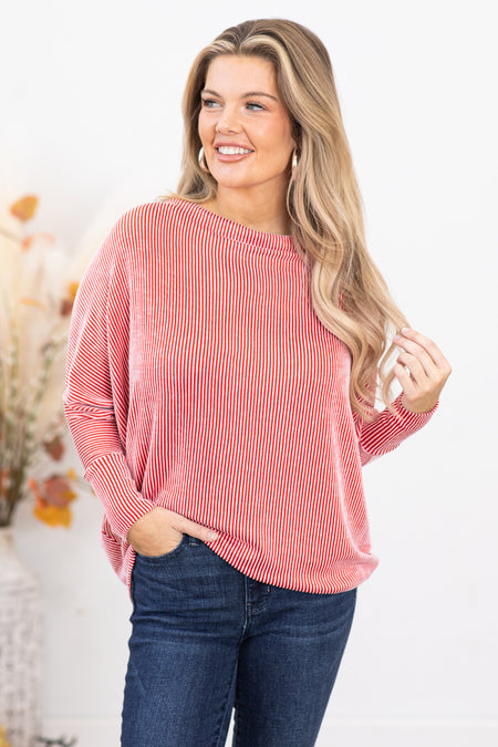 Red Ribbed Boat Neck Dolman Sleeve Top