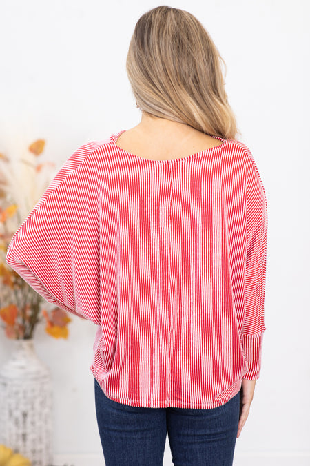 Red Ribbed Boat Neck Dolman Sleeve Top