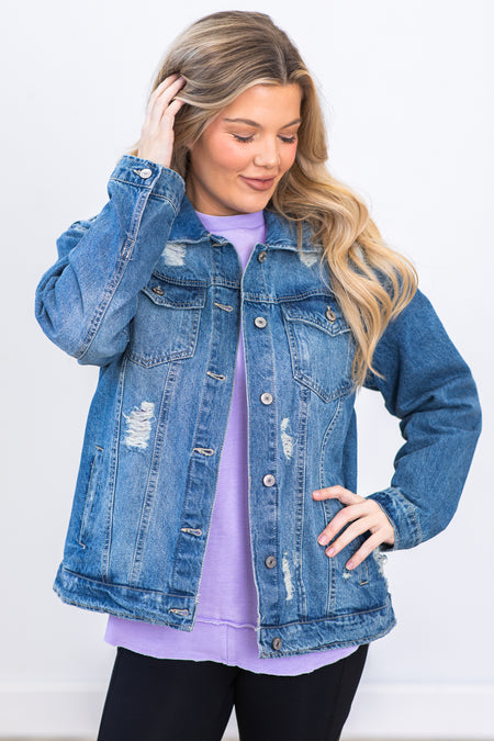 Medium Wash Lightly Distressed Denim Jacket