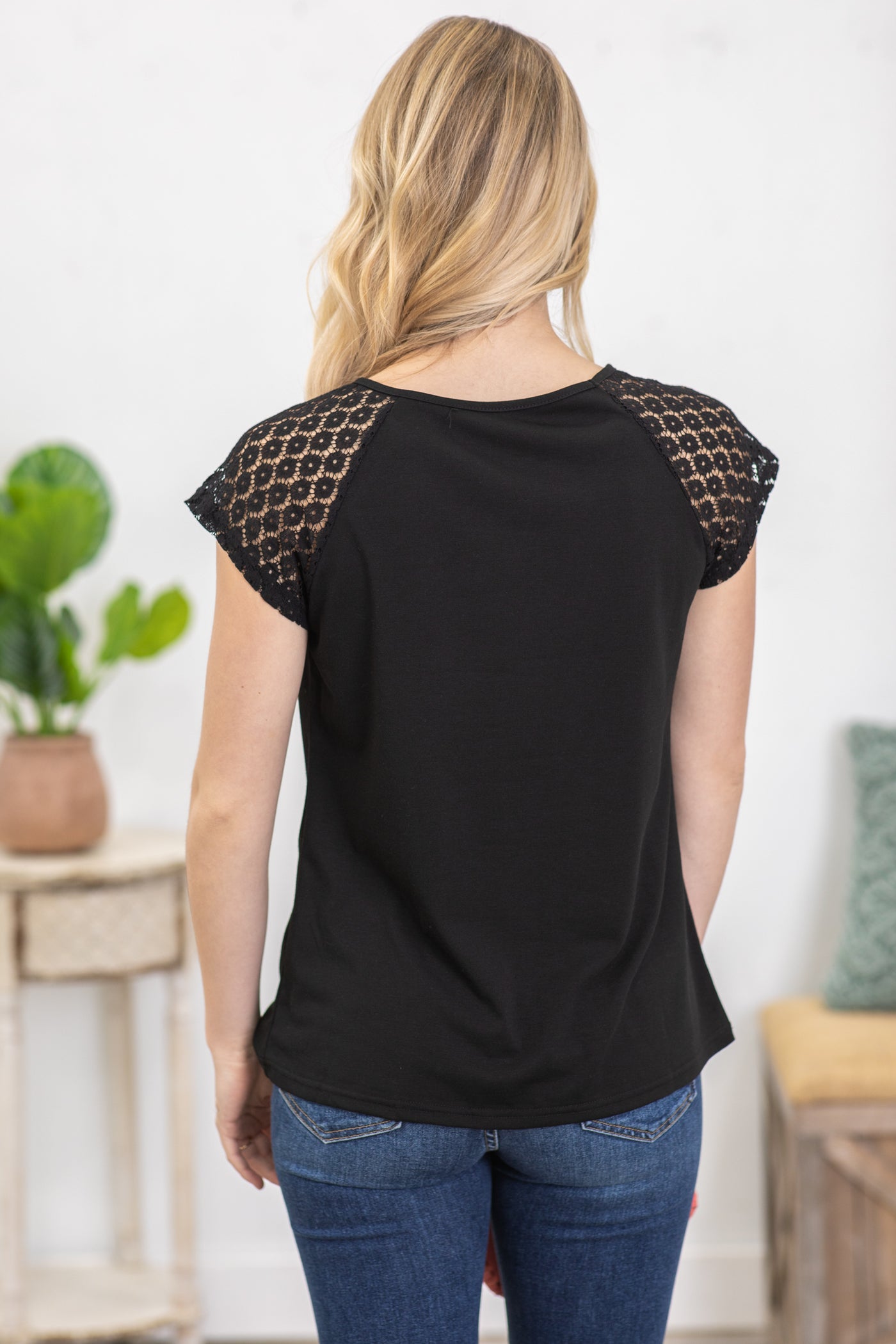 Black Contrast Lace Sleeve Knit Top