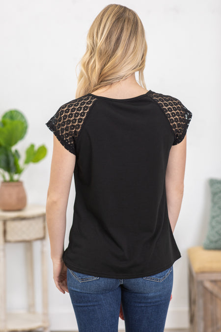 Black Contrast Lace Sleeve Knit Top