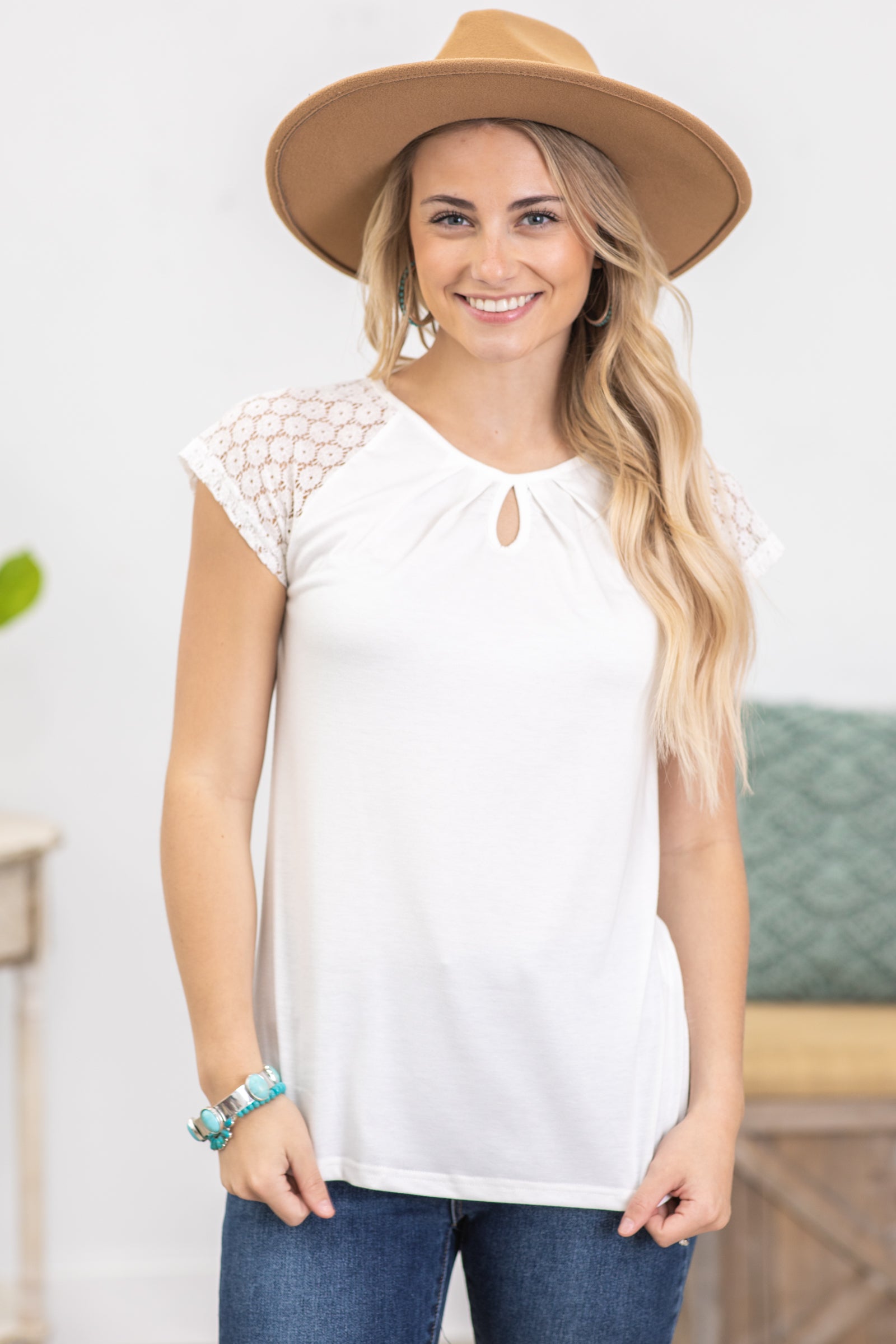 White Contrast Lace Sleeve Knit Top