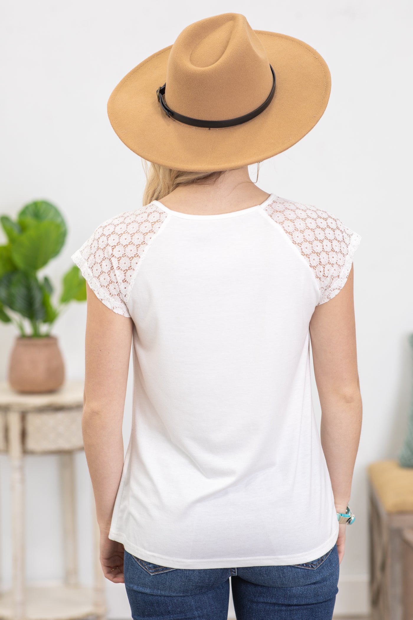 White Contrast Lace Sleeve Knit Top