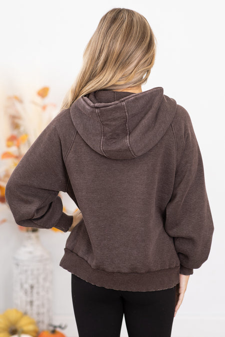 Brown Washed Fleece 1/4 Zip Hoodie