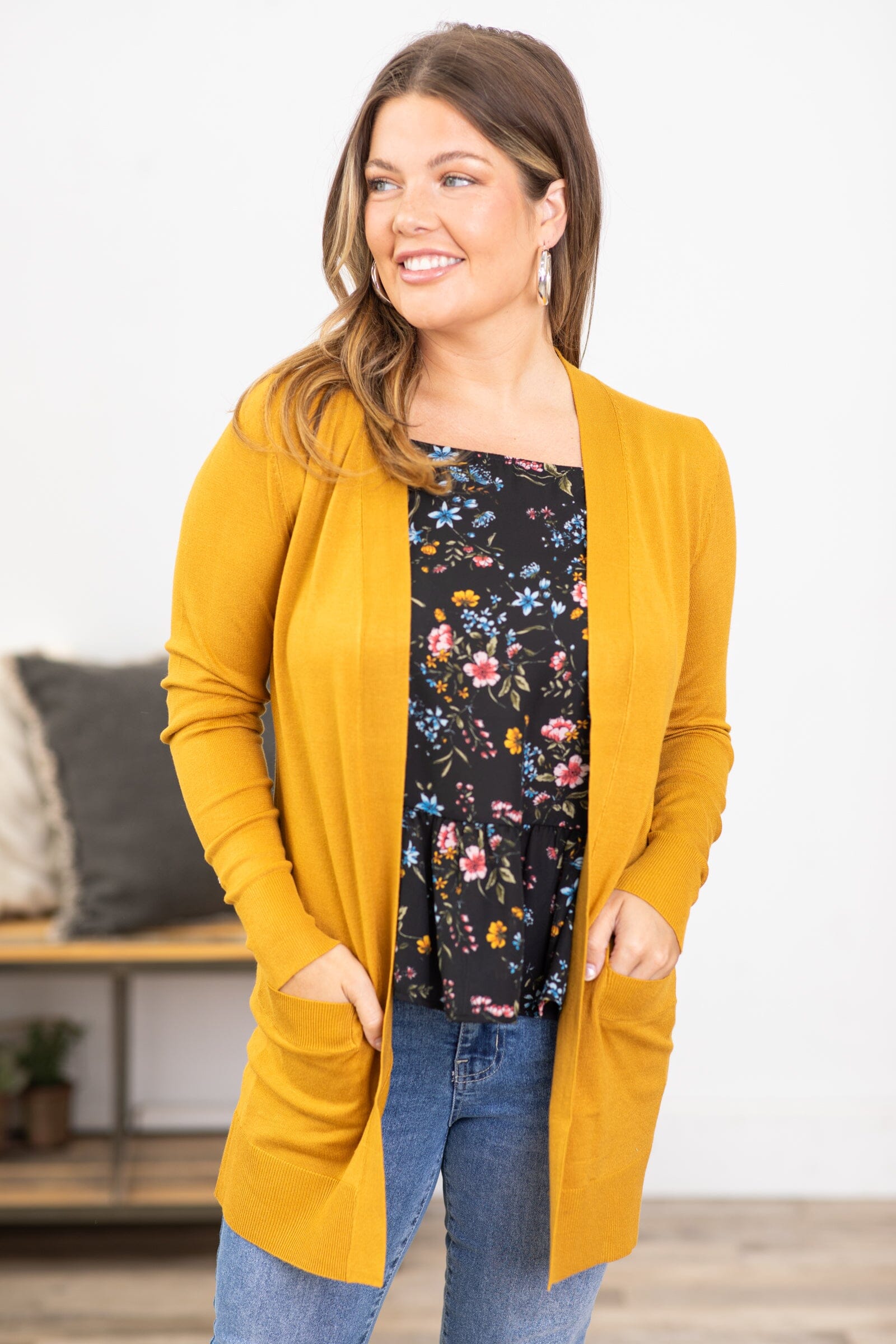 Women's plus size mustard on sale cardigan