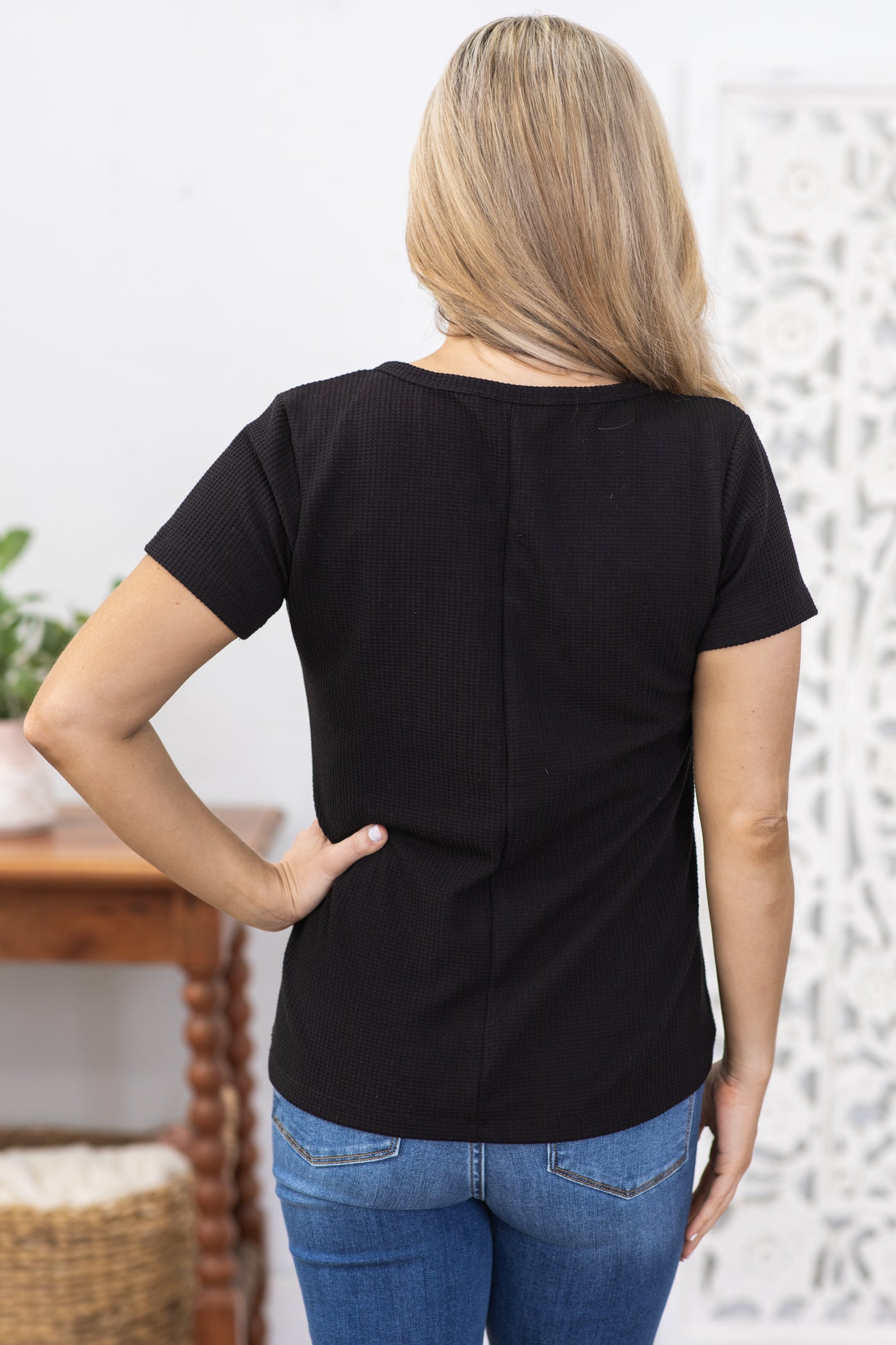 Black Melange Baby V-Neck Waffle Henley Top