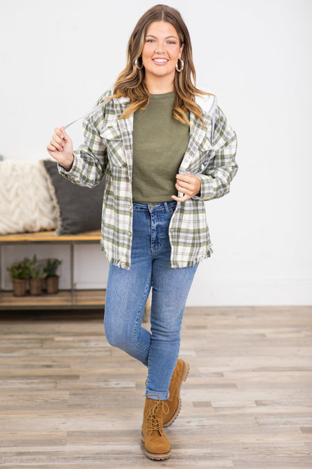 Olive and Cream Hooded Plaid Shacket - Filly Flair