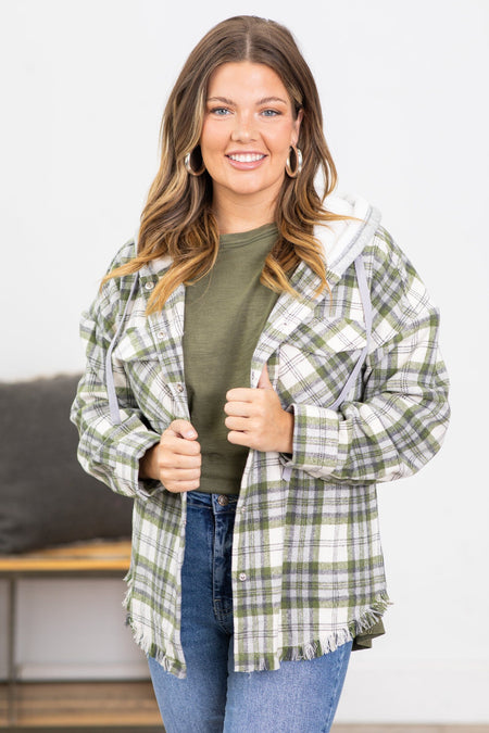 Olive and Cream Hooded Plaid Shacket - Filly Flair