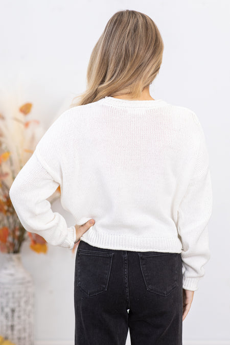 Ivory Cotton Round Neck Basic Sweater