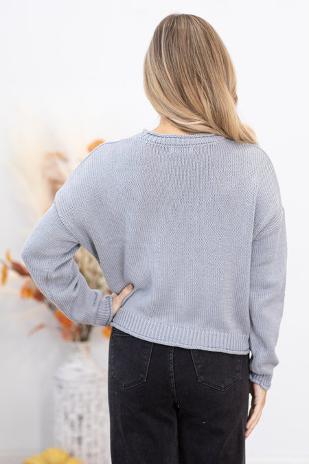 Grey Cotton Round Neck Basic Sweater