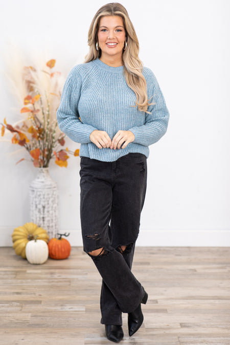 Dusty Blue Ribbed Round Neck Sweater