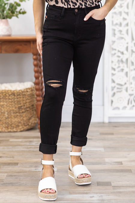 Judy Blue Black Destroyed Knee Raw Hem Jeans