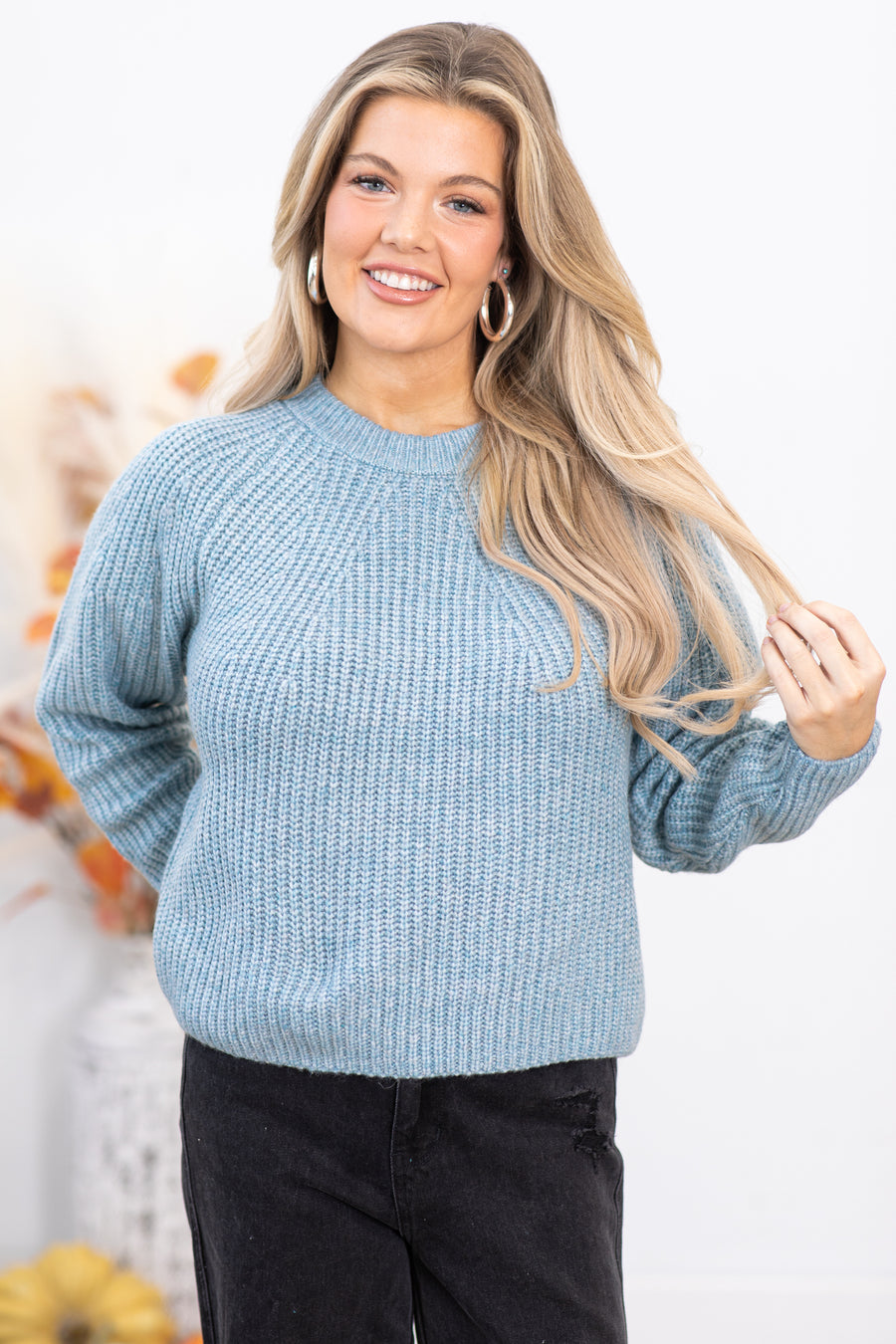 Dusty Blue Ribbed Round Neck Sweater